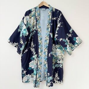 Floral Kimono Jacket 100% Silk Navy Base Blue Teal Flowers Made in Japan